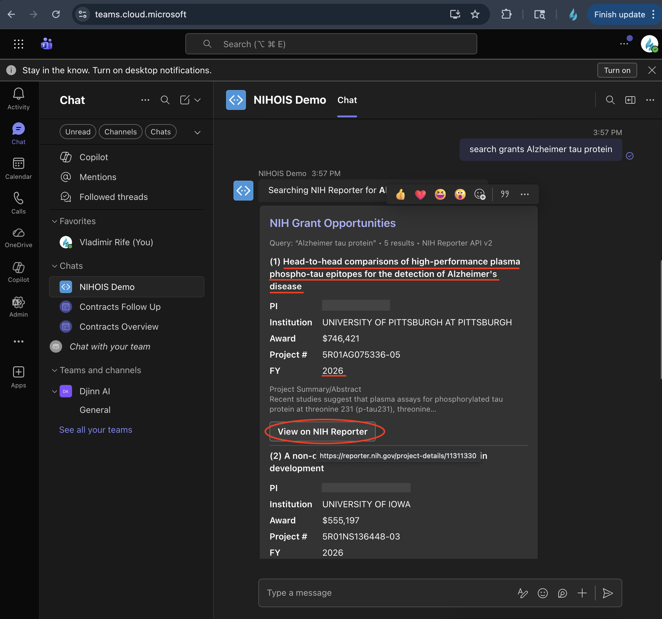 The NIHOIS Demo agent inside Microsoft Teams responding to the command 'search grants Alzheimer tau protein' with an Adaptive Card titled NIH Grant Opportunities, listing the principal investigator, institution, award amount, project number, fiscal year, an abstract excerpt, and a 'View on NIH Reporter' button linking to reporter.nih.gov.