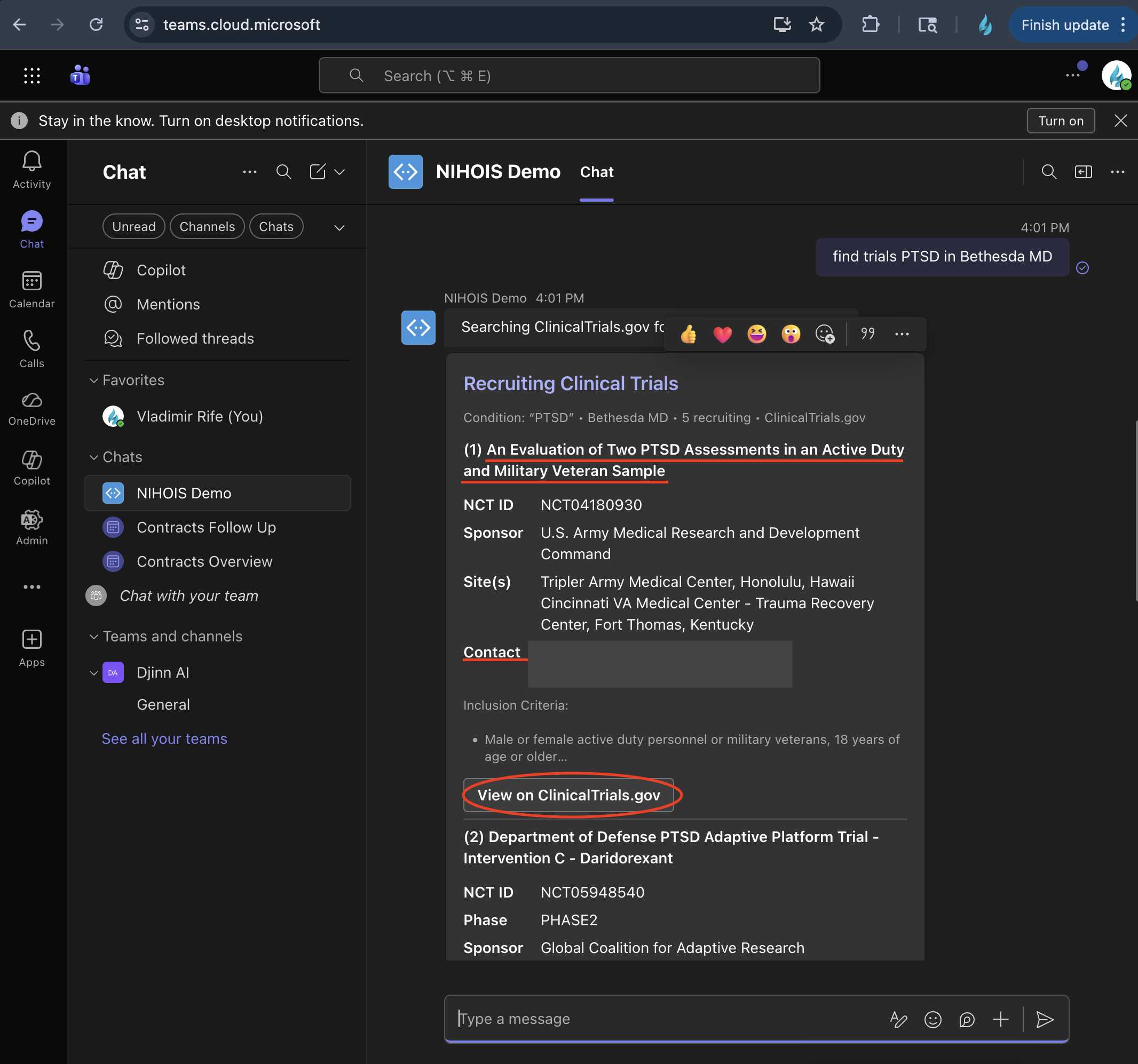 The NIHOIS Demo agent inside Microsoft Teams responding to the command 'find trials PTSD in Bethesda MD' with an Adaptive Card titled Recruiting Clinical Trials, listing NCT IDs, sponsors, study sites, a named study contact with phone and email, inclusion criteria, and a 'View on ClinicalTrials.gov' button.